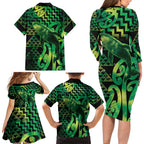 Humpback Whale Matariki New Zealand Family Matching Long Sleeve Bodycon Dress and Hawaiian Shirt NZ Maori Paikea Poutama Luxury Green