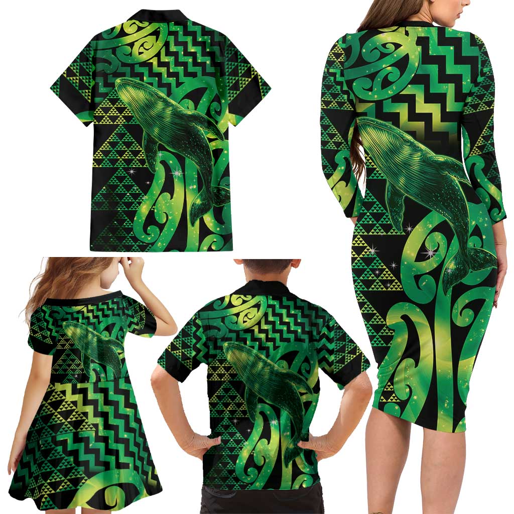 Humpback Whale Matariki New Zealand Family Matching Long Sleeve Bodycon Dress and Hawaiian Shirt NZ Maori Paikea Poutama Luxury Green