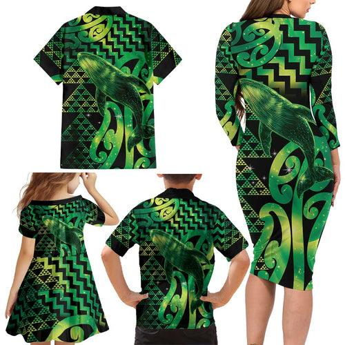 Humpback Whale Matariki New Zealand Family Matching Long Sleeve Bodycon Dress and Hawaiian Shirt NZ Maori Paikea Poutama Luxury Green