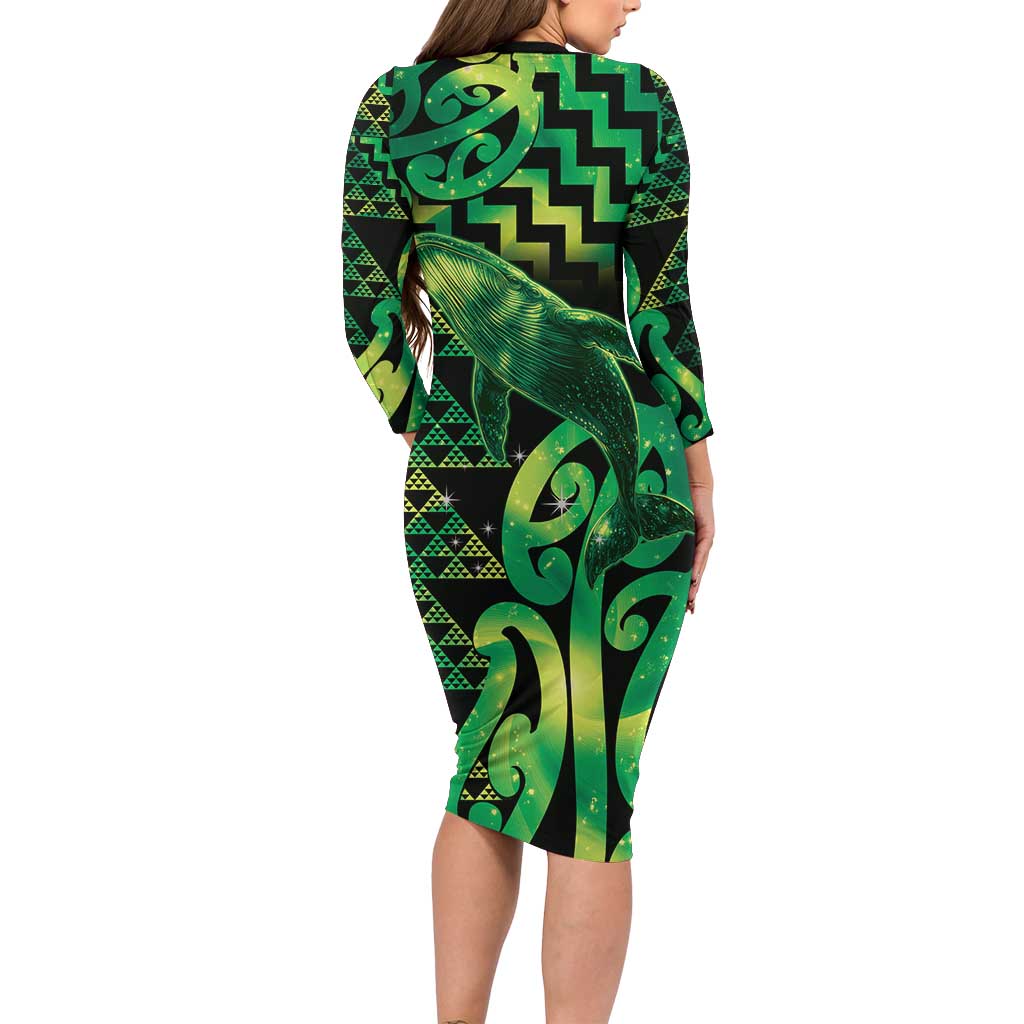 Humpback Whale Matariki New Zealand Family Matching Long Sleeve Bodycon Dress and Hawaiian Shirt NZ Maori Paikea Poutama Luxury Green