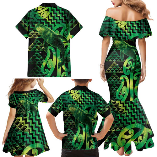 Humpback Whale Matariki New Zealand Family Matching Mermaid Dress and Hawaiian Shirt NZ Maori Paikea Poutama Luxury Green