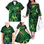 Humpback Whale Matariki New Zealand Family Matching Off The Shoulder Long Sleeve Dress and Hawaiian Shirt NZ Maori Paikea Poutama Luxury Green