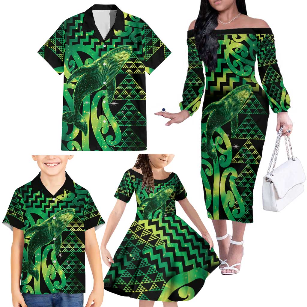 Humpback Whale Matariki New Zealand Family Matching Off The Shoulder Long Sleeve Dress and Hawaiian Shirt NZ Maori Paikea Poutama Luxury Green