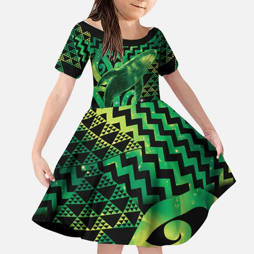 Humpback Whale Matariki New Zealand Family Matching Off The Shoulder Long Sleeve Dress and Hawaiian Shirt NZ Maori Paikea Poutama Luxury Green