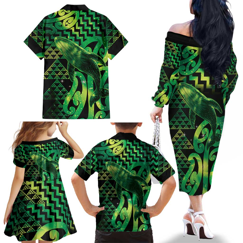 Humpback Whale Matariki New Zealand Family Matching Off The Shoulder Long Sleeve Dress and Hawaiian Shirt NZ Maori Paikea Poutama Luxury Green