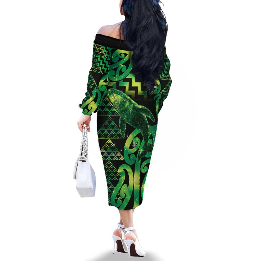 Humpback Whale Matariki New Zealand Family Matching Off The Shoulder Long Sleeve Dress and Hawaiian Shirt NZ Maori Paikea Poutama Luxury Green