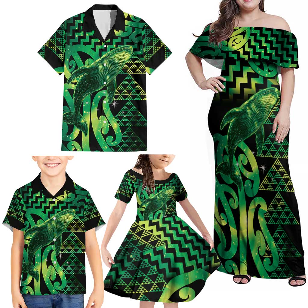 Humpback Whale Matariki New Zealand Family Matching Off Shoulder Maxi Dress and Hawaiian Shirt NZ Maori Paikea Poutama Luxury Green