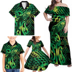 Humpback Whale Matariki New Zealand Family Matching Off Shoulder Maxi Dress and Hawaiian Shirt NZ Maori Paikea Poutama Luxury Green
