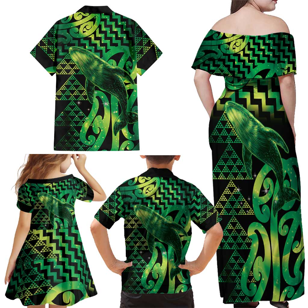 Humpback Whale Matariki New Zealand Family Matching Off Shoulder Maxi Dress and Hawaiian Shirt NZ Maori Paikea Poutama Luxury Green