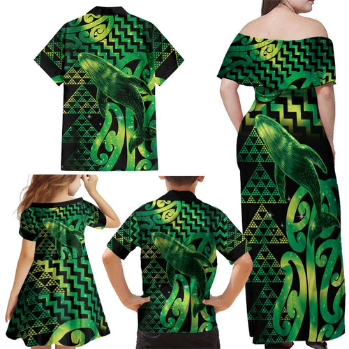 Humpback Whale Matariki New Zealand Family Matching Off Shoulder Maxi Dress and Hawaiian Shirt NZ Maori Paikea Poutama Luxury Green