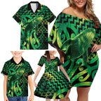 Humpback Whale Matariki New Zealand Family Matching Off Shoulder Short Dress and Hawaiian Shirt NZ Maori Paikea Poutama Luxury Green