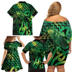 Humpback Whale Matariki New Zealand Family Matching Off Shoulder Short Dress and Hawaiian Shirt NZ Maori Paikea Poutama Luxury Green