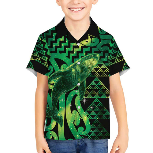 Humpback Whale Matariki New Zealand Family Matching Off Shoulder Short Dress and Hawaiian Shirt NZ Maori Paikea Poutama Luxury Green