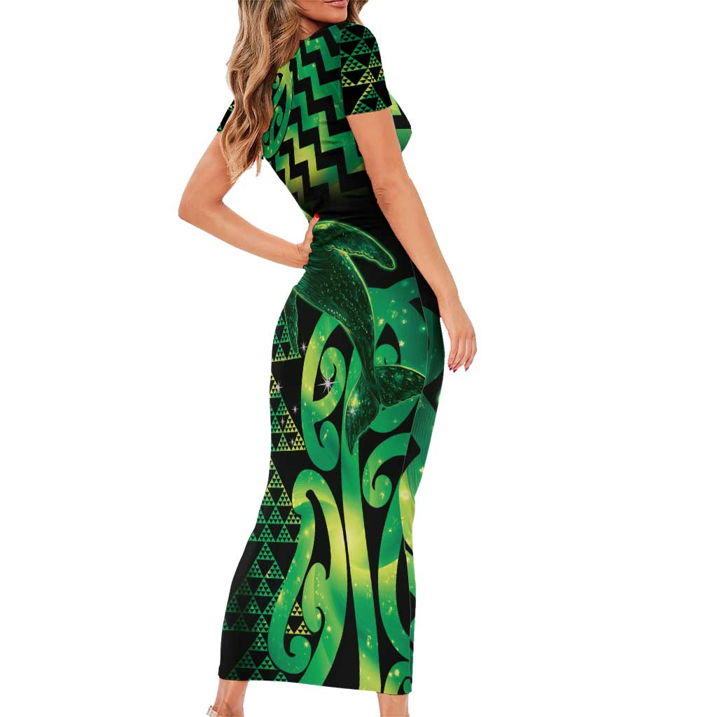 Humpback Whale Matariki New Zealand Family Matching Short Sleeve Bodycon Dress and Hawaiian Shirt NZ Maori Paikea Poutama Luxury Green