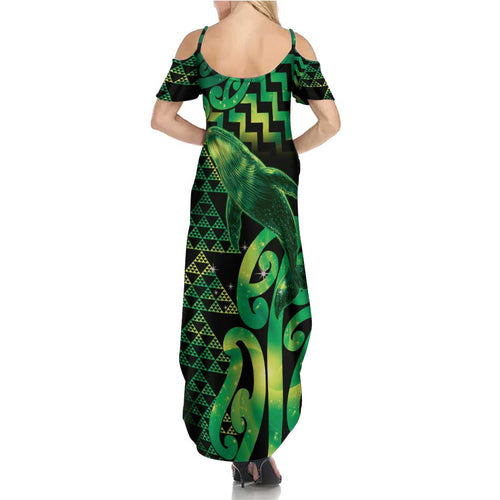 Humpback Whale Matariki New Zealand Family Matching Summer Maxi Dress and Hawaiian Shirt NZ Maori Paikea Poutama Luxury Green