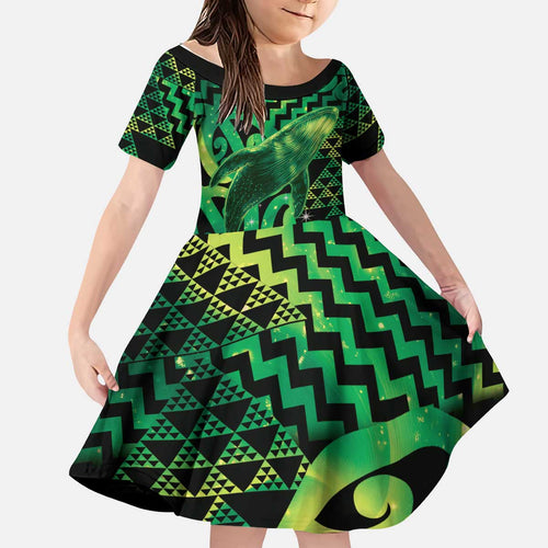 Humpback Whale Matariki New Zealand Kid Short Sleeve Dress NZ Maori Paikea Poutama Luxury Green