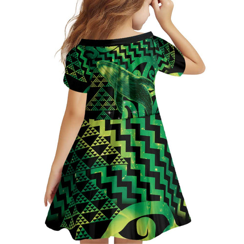 Humpback Whale Matariki New Zealand Kid Short Sleeve Dress NZ Maori Paikea Poutama Luxury Green