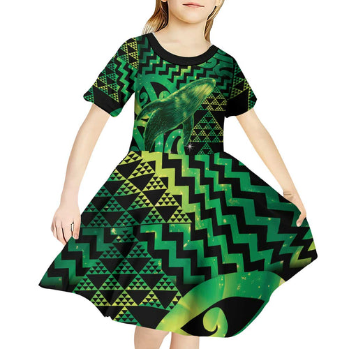 Humpback Whale Matariki New Zealand Kid Short Sleeve Dress NZ Maori Paikea Poutama Luxury Green