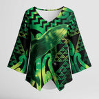 Humpback Whale Matariki New Zealand Kimono Sleeve Blouse NZ Maori Paikea Poutama Luxury Green