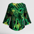 Humpback Whale Matariki New Zealand Kimono Sleeve Blouse NZ Maori Paikea Poutama Luxury Green