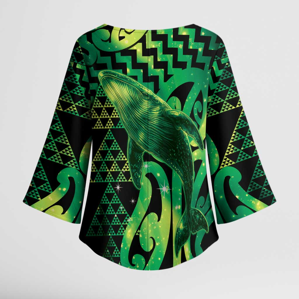 Humpback Whale Matariki New Zealand Kimono Sleeve Blouse NZ Maori Paikea Poutama Luxury Green