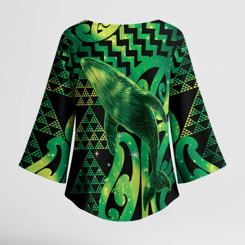 Humpback Whale Matariki New Zealand Kimono Sleeve Blouse NZ Maori Paikea Poutama Luxury Green