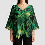 Humpback Whale Matariki New Zealand Kimono Sleeve Blouse NZ Maori Paikea Poutama Luxury Green