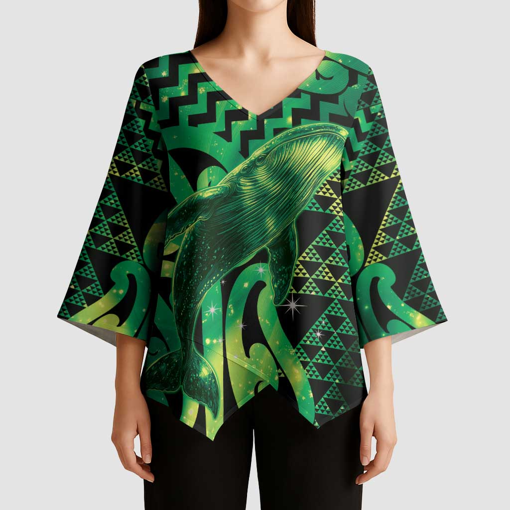 Humpback Whale Matariki New Zealand Kimono Sleeve Blouse NZ Maori Paikea Poutama Luxury Green