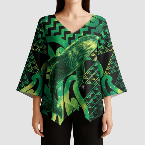 Humpback Whale Matariki New Zealand Kimono Sleeve Blouse NZ Maori Paikea Poutama Luxury Green