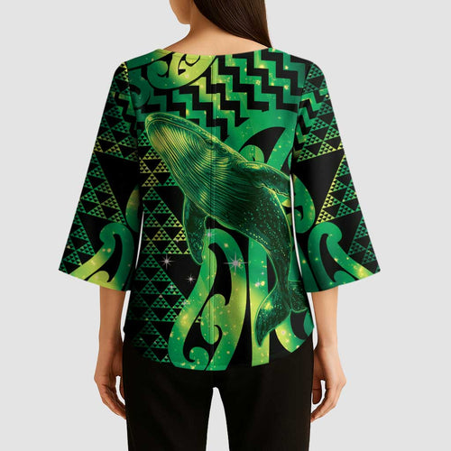 Humpback Whale Matariki New Zealand Kimono Sleeve Blouse NZ Maori Paikea Poutama Luxury Green
