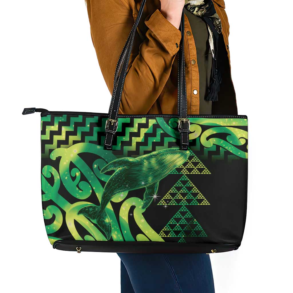 Humpback Whale Matariki New Zealand Leather Tote Bag NZ Maori Paikea Poutama Luxury Green