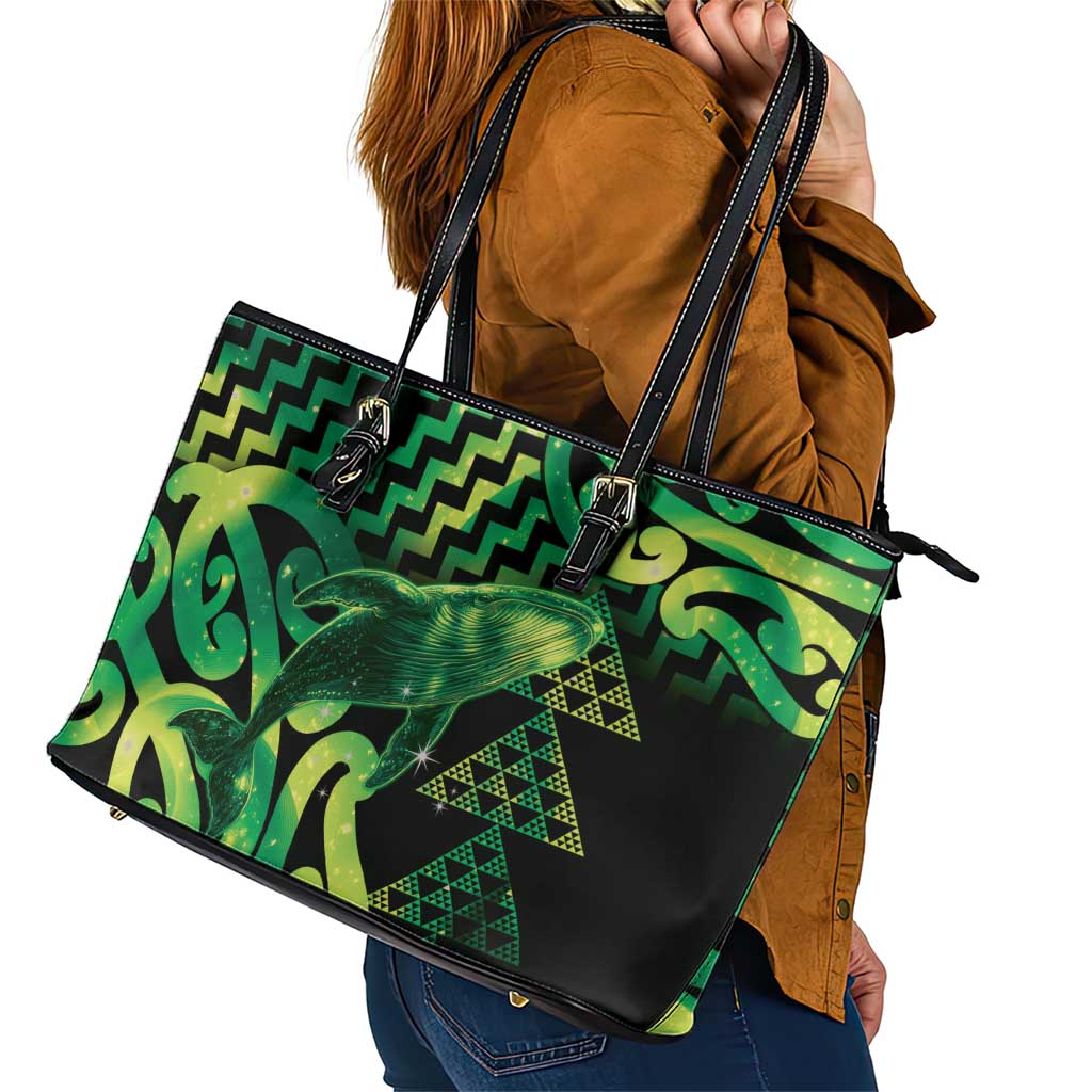 Humpback Whale Matariki New Zealand Leather Tote Bag NZ Maori Paikea Poutama Luxury Green