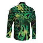 Humpback Whale Matariki New Zealand Long Sleeve Button Shirt NZ Maori Paikea Poutama Luxury Green