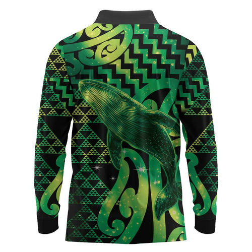 Humpback Whale Matariki New Zealand Long Sleeve Polo Shirt NZ Maori Paikea Poutama Luxury Green