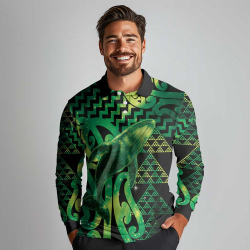 Humpback Whale Matariki New Zealand Long Sleeve Polo Shirt NZ Maori Paikea Poutama Luxury Green