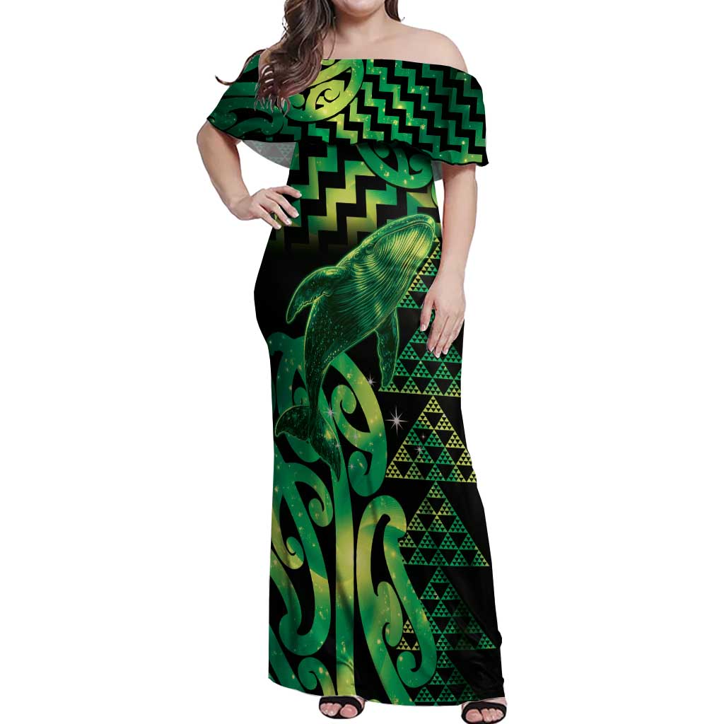 Humpback Whale Matariki New Zealand Off Shoulder Maxi Dress NZ Maori Paikea Poutama Luxury Green