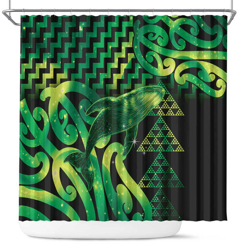 Humpback Whale Matariki New Zealand Shower Curtain NZ Maori Paikea Poutama Luxury Green