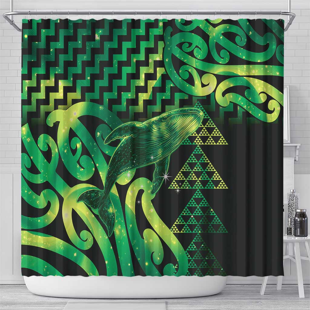 Humpback Whale Matariki New Zealand Shower Curtain NZ Maori Paikea Poutama Luxury Green