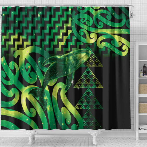 Humpback Whale Matariki New Zealand Shower Curtain NZ Maori Paikea Poutama Luxury Green