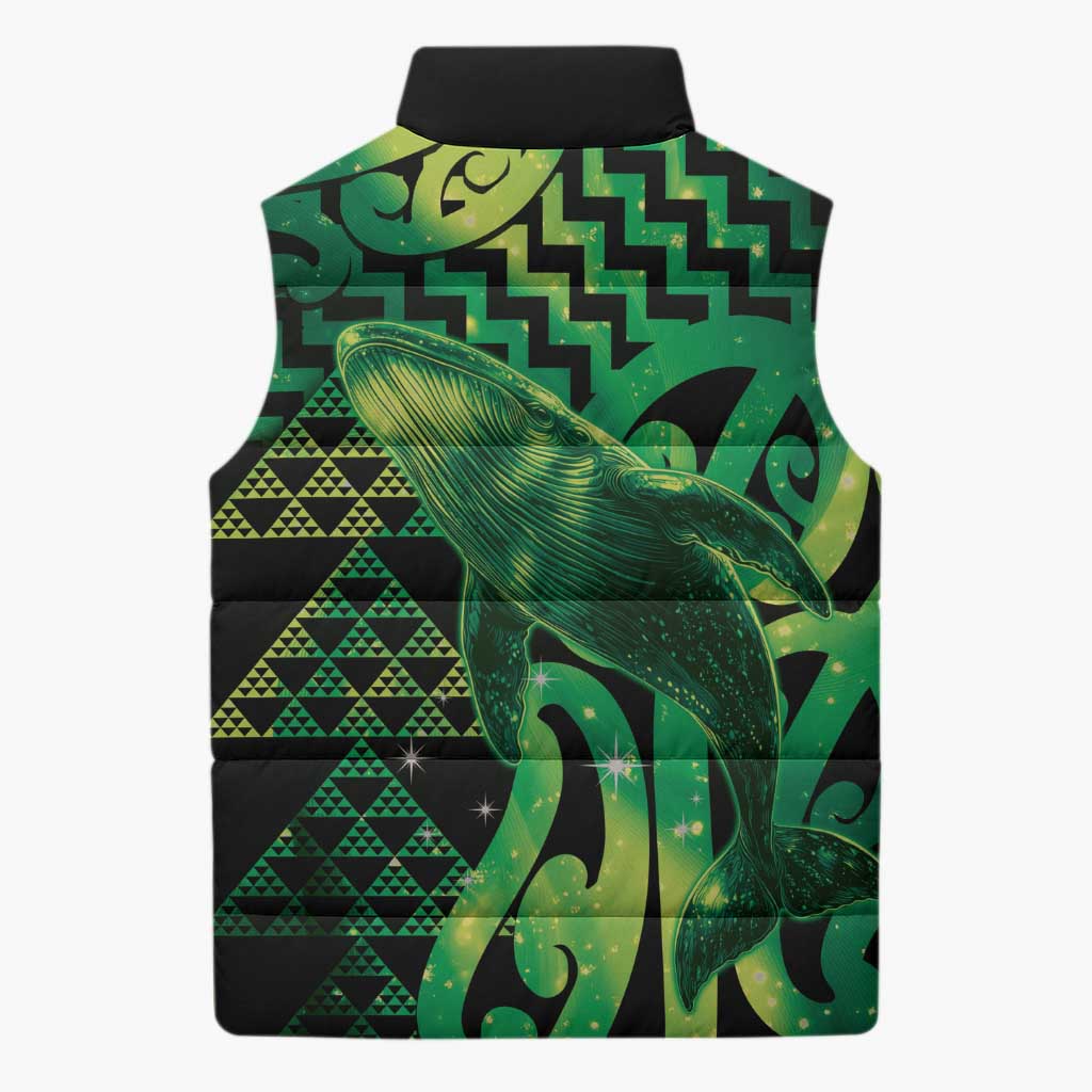 Humpback Whale Matariki New Zealand Sleeveless Puffer Jacket NZ Maori Paikea Poutama Luxury Green
