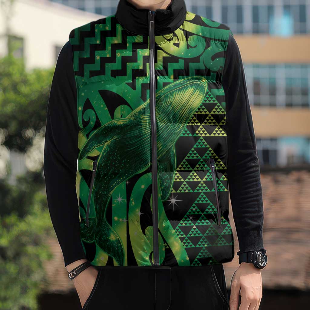 Humpback Whale Matariki New Zealand Sleeveless Puffer Jacket NZ Maori Paikea Poutama Luxury Green