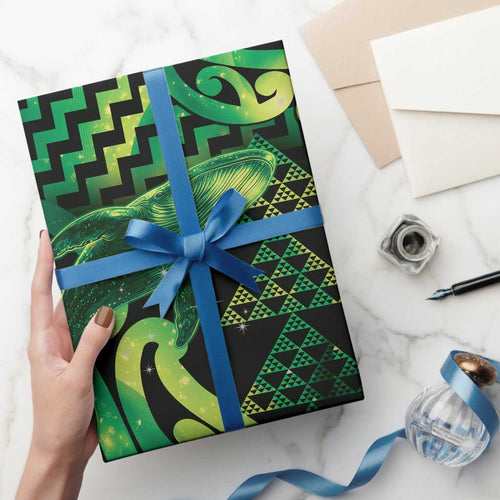 Humpback Whale Matariki New Zealand Wrapping Paper NZ Maori Paikea Poutama Luxury Green