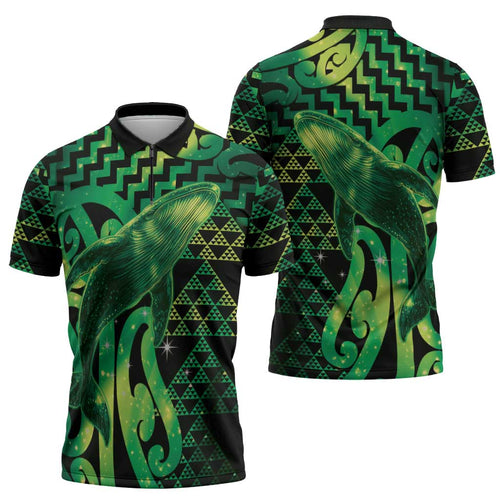 Humpback Whale Matariki New Zealand Zipper Polo Shirt NZ Maori Paikea Poutama Luxury Green