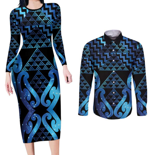Taniko Motifs Matariki New Zealand Couples Matching Long Sleeve Bodycon Dress and Long Sleeve Button Shirt NZ Niho Taniwha Poutama