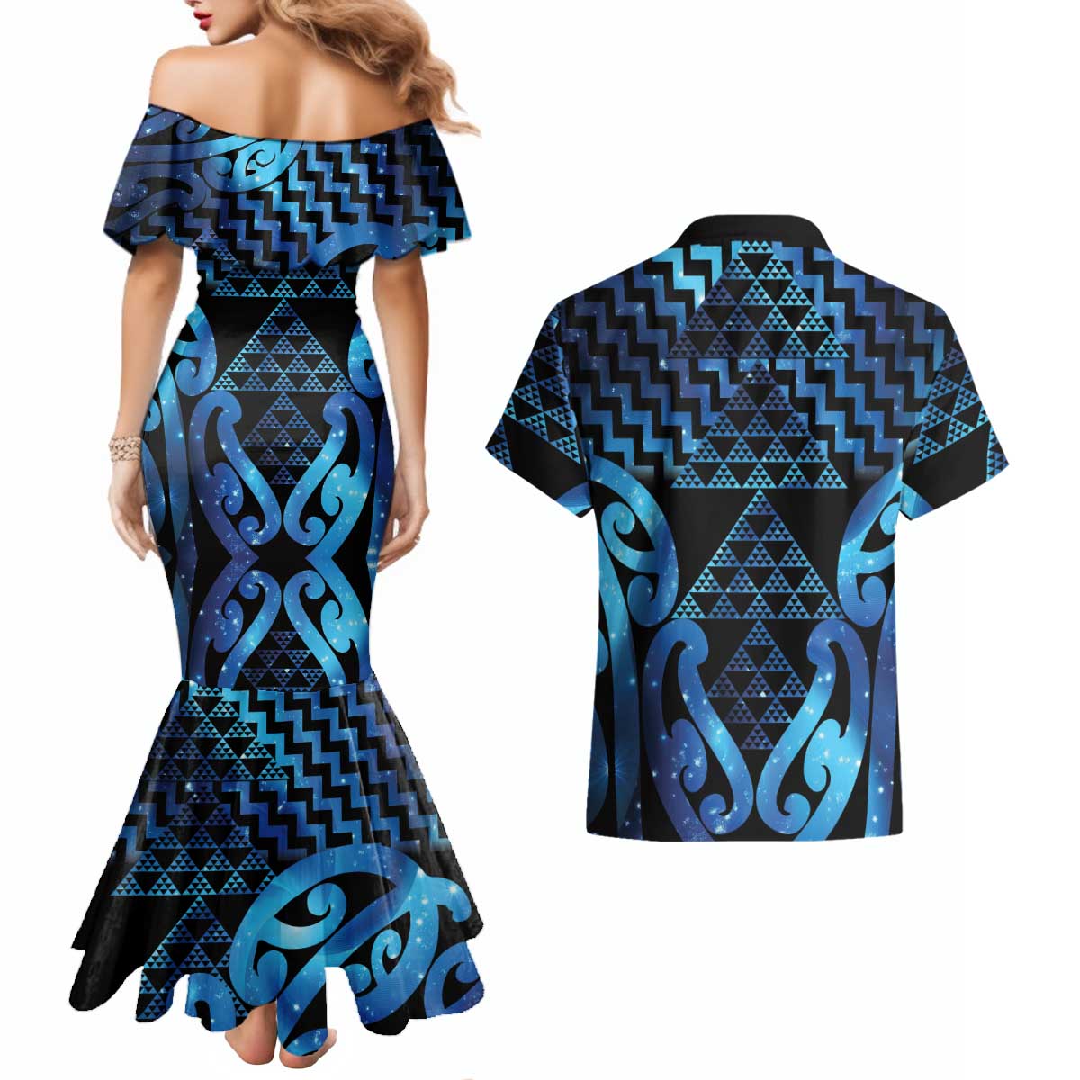 Taniko Motifs Matariki New Zealand Couples Matching Mermaid Dress and Hawaiian Shirt NZ Niho Taniwha Poutama