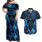 Taniko Motifs Matariki New Zealand Couples Matching Off Shoulder Maxi Dress and Hawaiian Shirt NZ Niho Taniwha Poutama