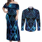 Taniko Motifs Matariki New Zealand Couples Matching Off Shoulder Maxi Dress and Long Sleeve Button Shirt NZ Niho Taniwha Poutama