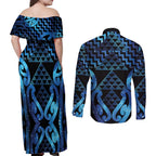 Taniko Motifs Matariki New Zealand Couples Matching Off Shoulder Maxi Dress and Long Sleeve Button Shirt NZ Niho Taniwha Poutama