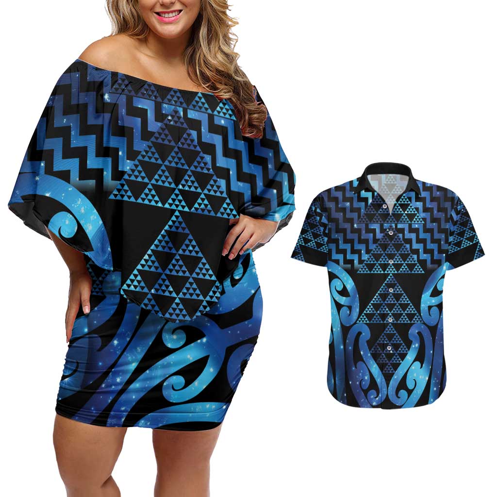 Taniko Motifs Matariki New Zealand Couples Matching Off Shoulder Short Dress and Hawaiian Shirt NZ Niho Taniwha Poutama