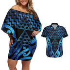 Taniko Motifs Matariki New Zealand Couples Matching Off Shoulder Short Dress and Hawaiian Shirt NZ Niho Taniwha Poutama